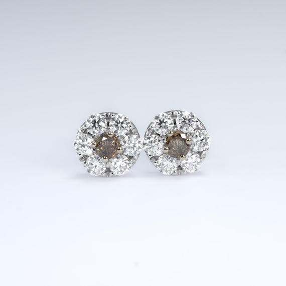Stud Earrings with Western Australian Champagne Diamonds & Moissanite Halo
