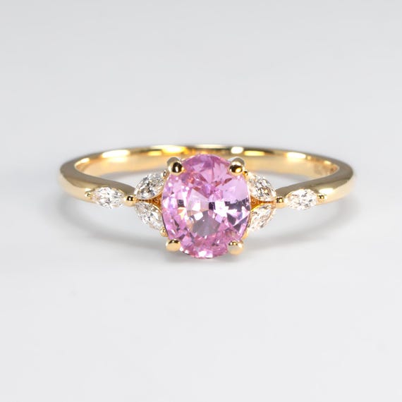 Unheated 1.34ct Baby Pink Sapphire Ring with Marquise Diamond Accents in 18K Yellow Gold