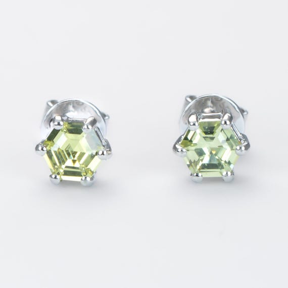 Lime Green Sapphire Studs in Platinum with Hexagonal Cut Sapphires