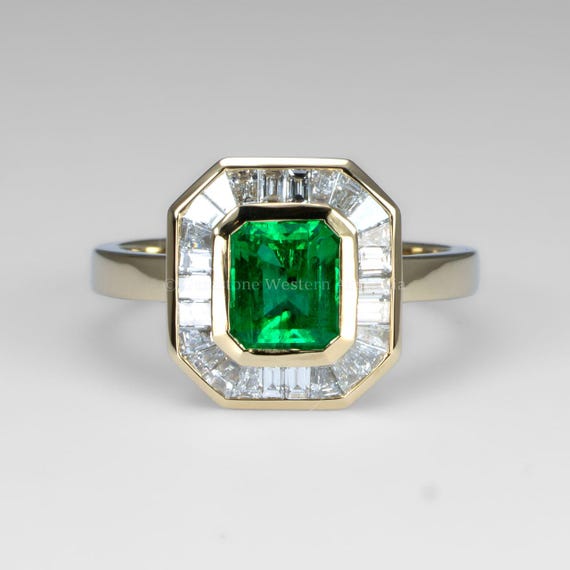 Emerald Cut Colombian Emerald Ring with Baguette Diamond Halo in 18K Yellow Gold