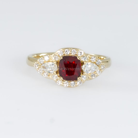 1 Carat Cushion Cut Ruby and Diamond Halo Ring in 18K Yellow Gold