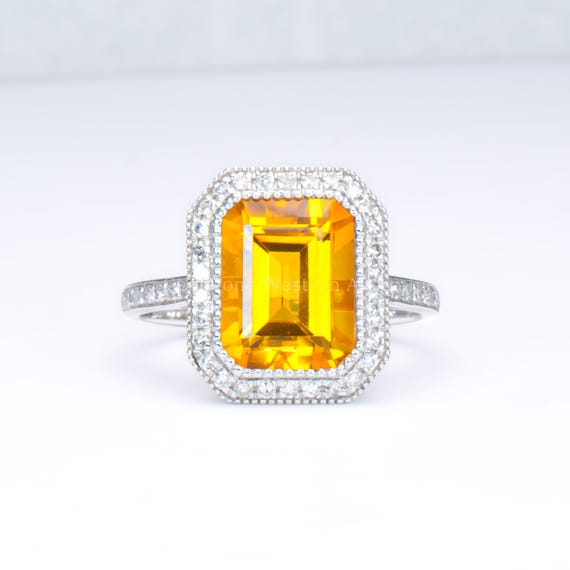 Emerald-Cut Citrine Ring with Diamond Halo in 18K White Gold