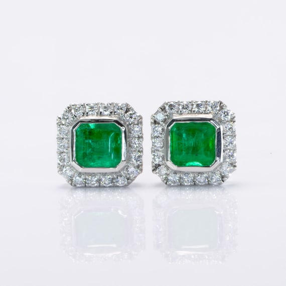Emerald Cut Emerald Studs | Colombian Emerald and Diamond Halo Earrings