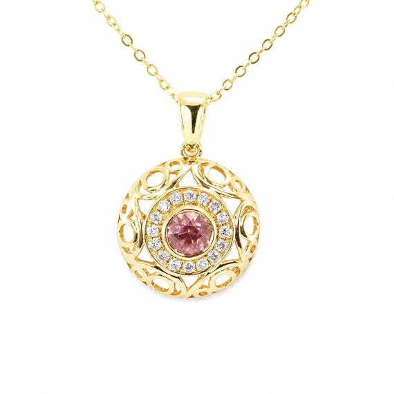 Natural Pink Sapphire Halo Pendant | Unheated Pink Sapphire and Diamonds Pendant in 18K Gold