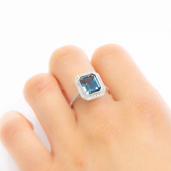 London Blue Topaz Diamond Halo Ring 18K Gold