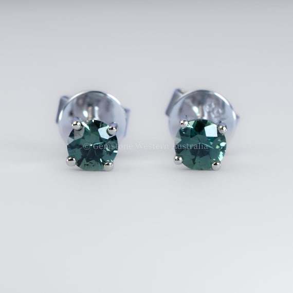 Australian Teal Sapphire Stud Earrings in 18K White Gold – 0.58ct Round Cut