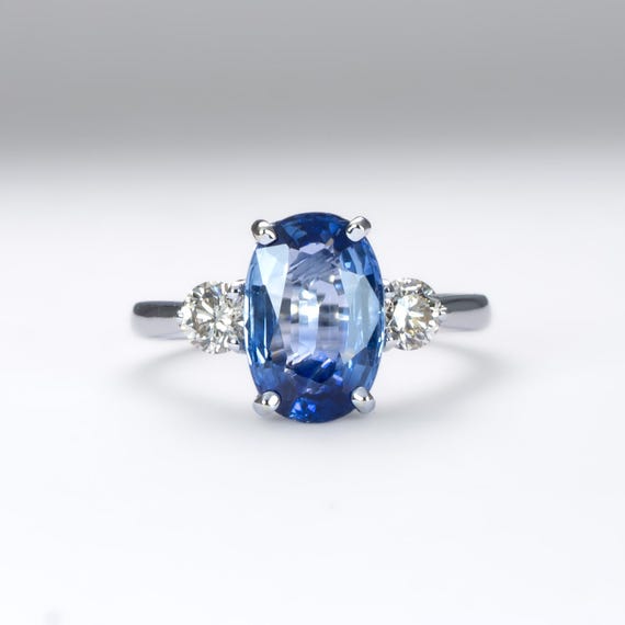 Blue Sapphire Three-Stone Ring in 18K White Gold with 2.38ct Oval Sapphire and Diamonds