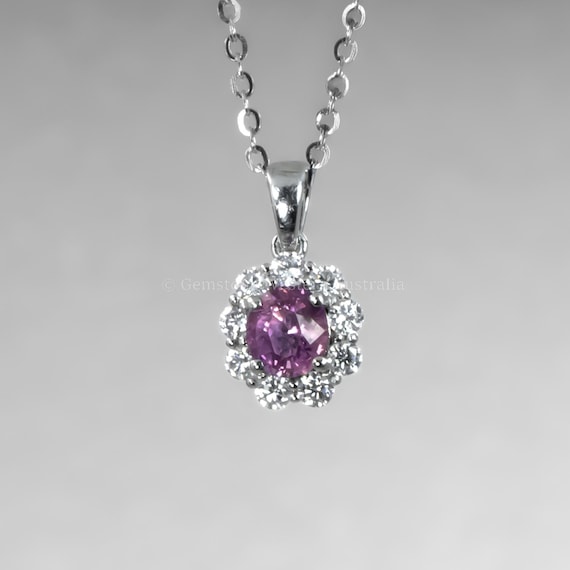 Natural Pink Sapphire Pendant with Moissanite Halo in Platinum 950