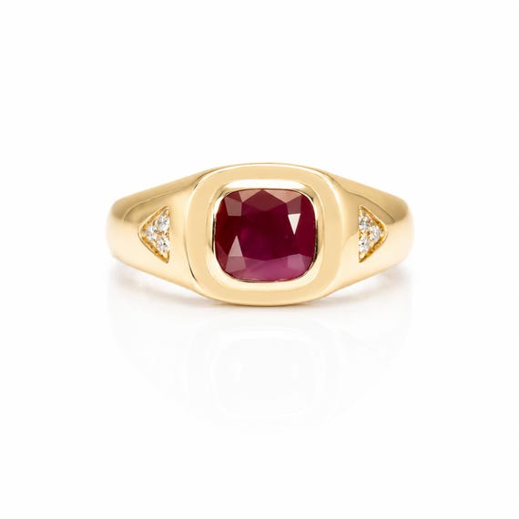 Natural Unheated Ruby & Diamond Men's Ring in 14K Yellow Gold