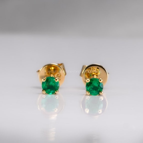 Petite Round Natural Colombian Emerald Stud Earrings in 18K Yellow Gold | Emerald Jewellery