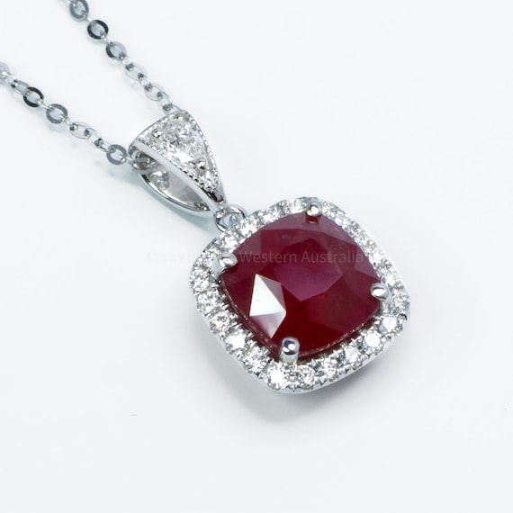 4.1ct Unheated Ruby and Diamond Halo Pendant in 18k White Gold