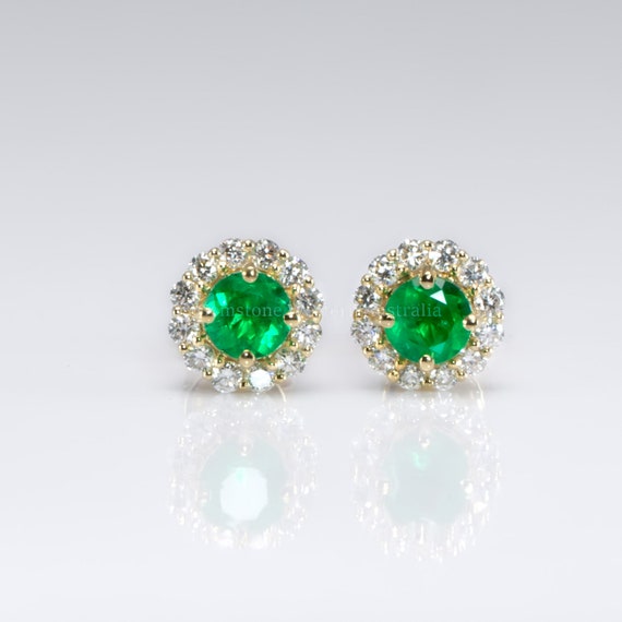 18K Gold Emerald Diamond Earrings| Colombian Emeralds and Diamonds Stud Earrings