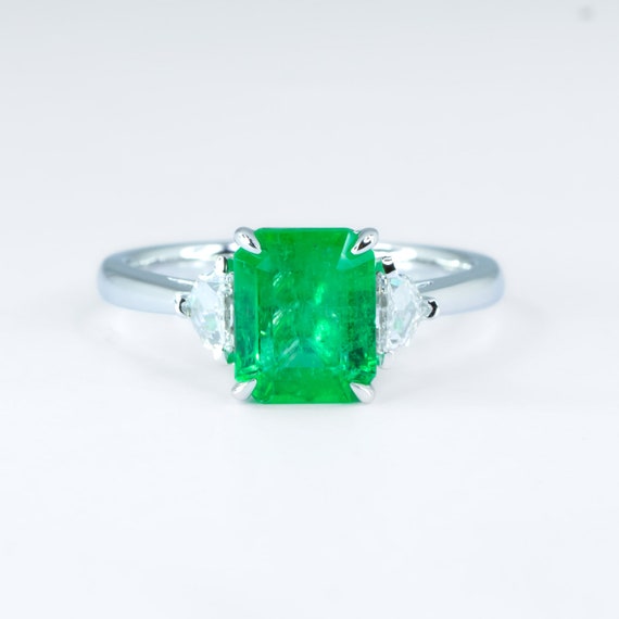 2.21ct Emerald Cut Emerald Ring | Colombian Emerald and Diamonds Three Stone Ring