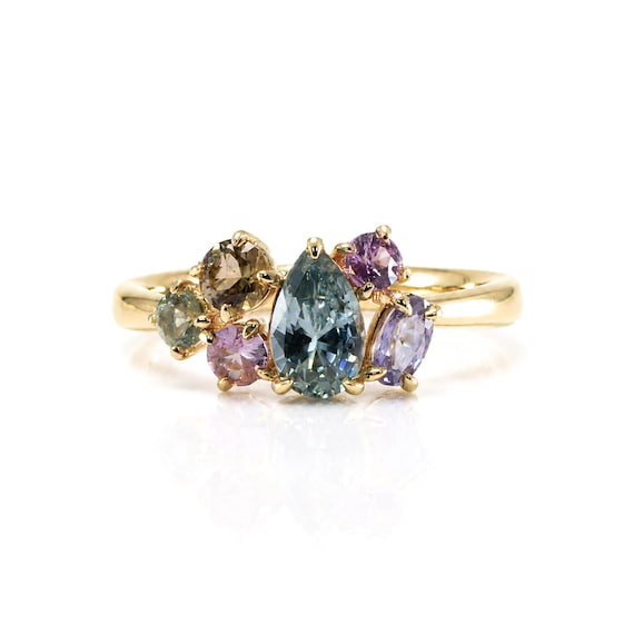 Pear Shape Teal Sapphire Asymmetrical Ring in 18K Yellow Gold
