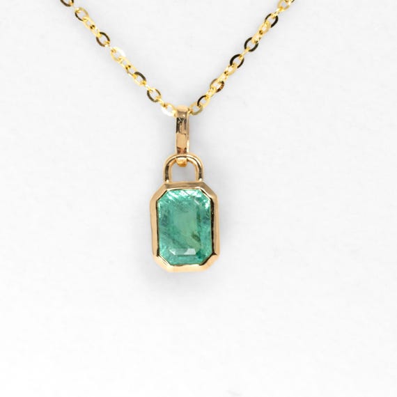 0.91ct Natural Elongated Emerald Cut Emerald Pendant | 18K Yellow Gold