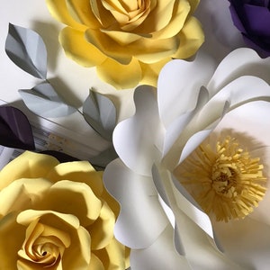 3 White-light yellow  with grey accent - Giant 3D Paper Flower Set, Large Paper Flowers, Nursery Decor, Baby Shower Backdrop, Dorm Room