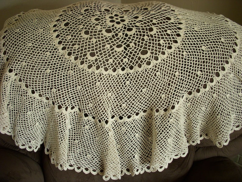 With Red And Green Plaid Tablecloth Beige Vintage Handmade Crocheted Round Tablecloth