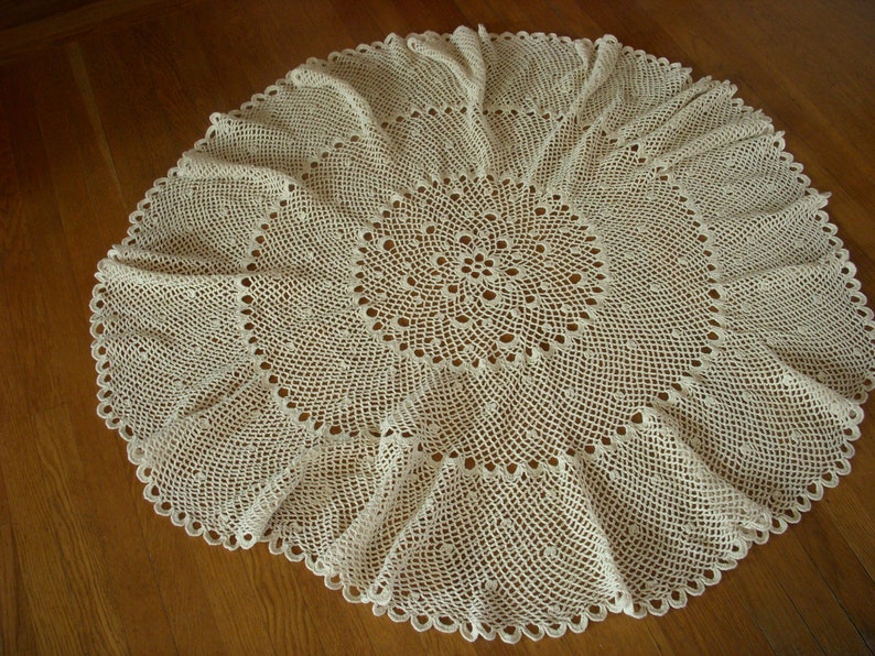 With Red And Green Plaid Tablecloth Beige Vintage Handmade Crocheted Round Tablecloth