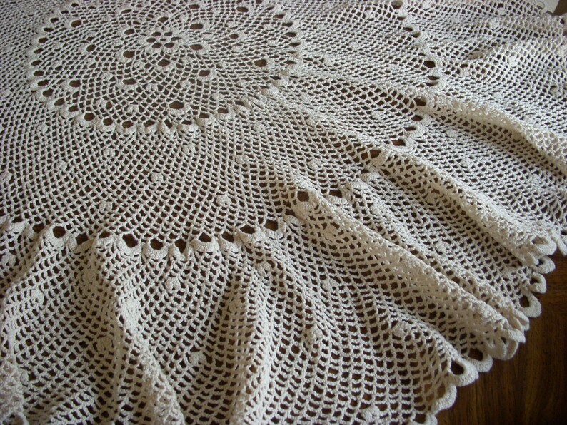 With Red And Green Plaid Tablecloth Beige Vintage Handmade Crocheted Round Tablecloth