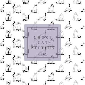 Sömlöst digitalt mönster för Halloween med spökkatt | JPG, transparent PNG, SVG | Scrapbook, utskrivbart, hantverk, sublimering