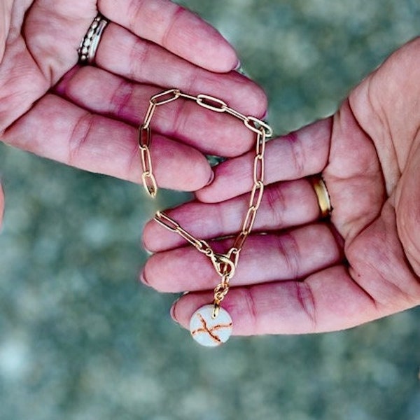 Broken Pieces Bracelet || Kintsugi Jewelry || Paperclip Chain || Brass Bracelet || Mixed Media || Clay Pendant || Gift for Her || Encourage