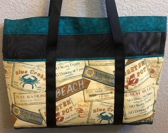 Beach Tote Bag with Pockets, drink holder and magnetic closure, Large Mesh Shoulder baby bag