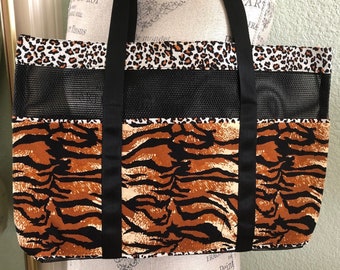 Animal Print Tote Bag with Pockets and drink holder, Magnetic closure, Mesh Shoulder Tote Bag for baby, teacher, gift for her