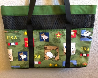 Snoopy Military Tote Bag with Pockets, drink holder and magnetic closure, Large Mesh Shoulder baby bag