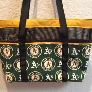 Bolso tote Oakland A's con bolsillos, portabebidas y cierre magnético, bolso tote de hombro de malla Basball para bebé, regalo para ella