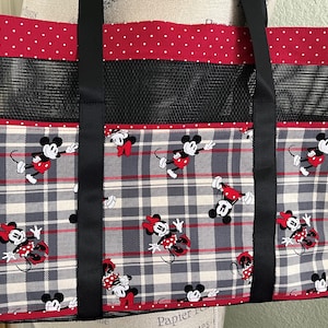 Mickey & Minnie Plaid Tote Bag with Pockets, drink holder and magnetic closure, Large Mesh Shoulder baby bag