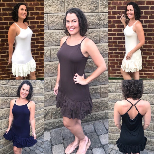 Double Ruffle Dress Extender Slip - Tiered Layered Sleeveless Adjustable Strap Full Slip - Make Dress Longer - Lengthens Dress Drop Waist