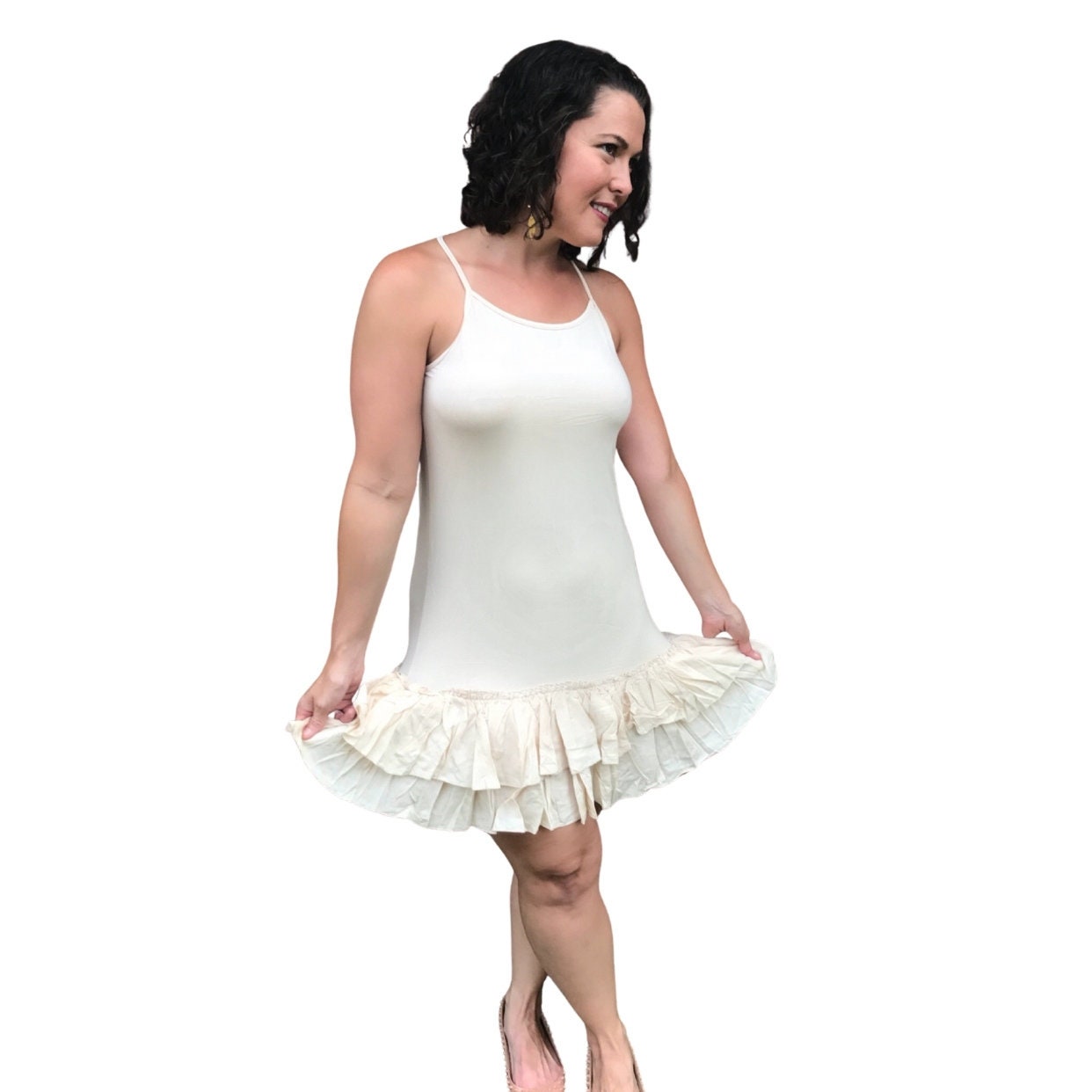 Beige Ruffle Dress Extender: Multi-way Strap Tiered Slip