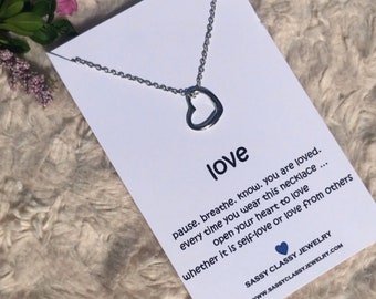 Silver Open Heart Necklace Gift with Love Message Card Mothers Day Gift for Mom Best Friend Gift Jewelry Gift for Her Sister Valentines Gift