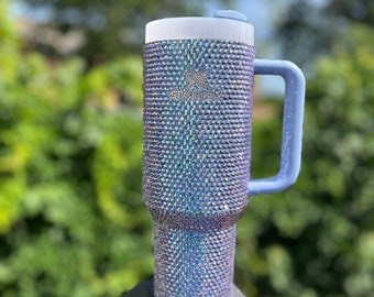 Vaso Bling Stanley de 40 oz con pátina majestuosa de diamantes de imitación azules, taza para café helado