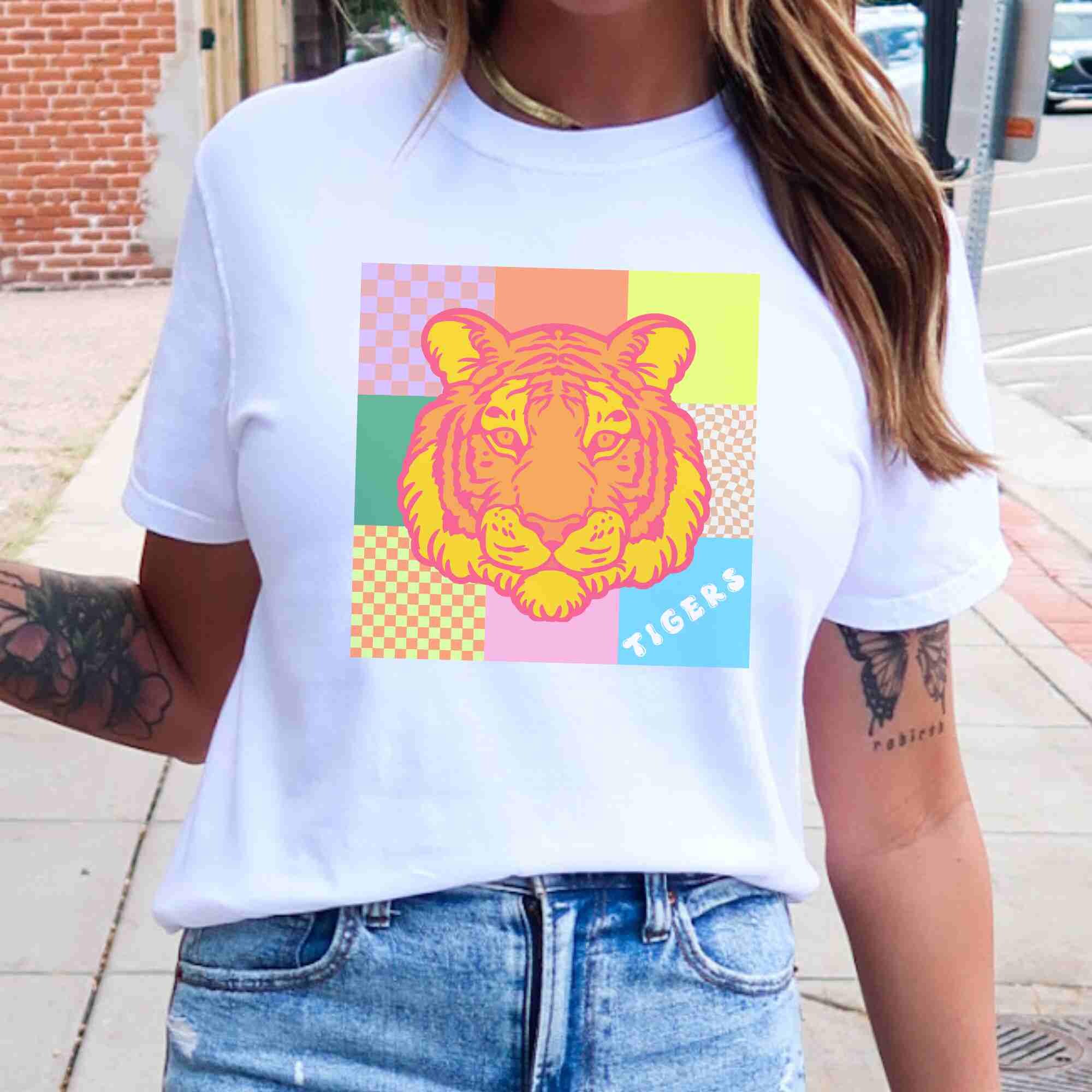 Personalized Bright Checkered Tiger School Spirit Shirt