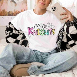 Colorful Hello Knights Mascot School Spirit Teacher T-shirtCustom Team Mascot Shirt, Game Day Shirt, Favorite Team Shirt