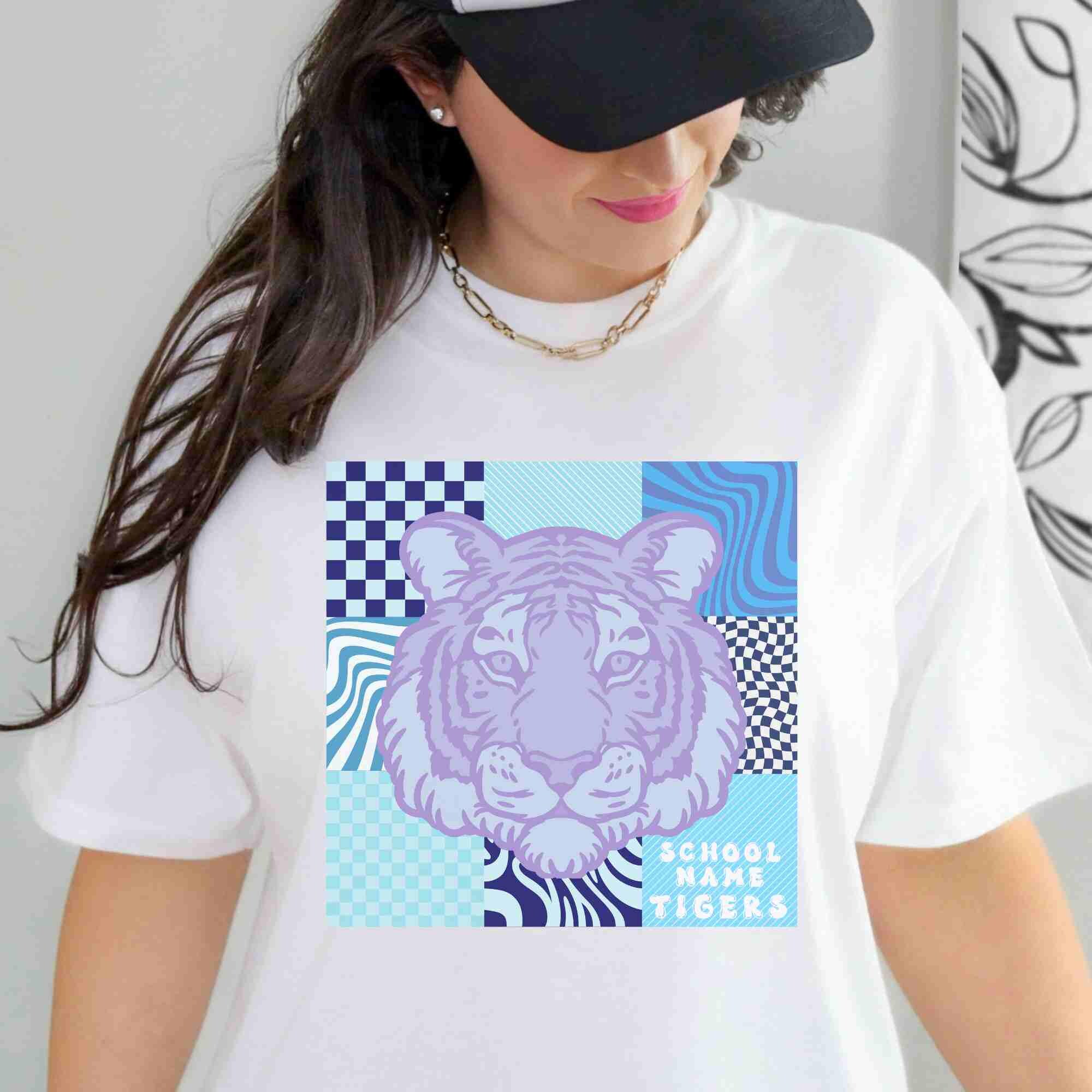 Custom Blue Checkered Tiger School Mascot Teacher Shirt