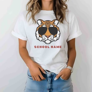 Tiger School Mascot with Aviators Custom Adult Size Teacher Tshirt