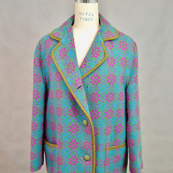 Vintage Welsh Wool Tapestry Coat | 1960s Winter Wool Tapestry Coat | Blue Pink and Green Tapestry Check | Large Size