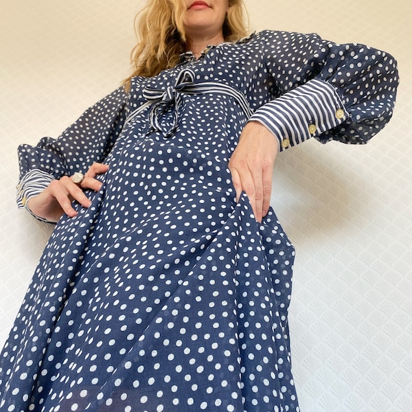 Vintage Dress | 1970s Polka Dot Maxi Dress by Jean Varon | Rare Jean Varon John Bates Polka Dots and Stripes Dress