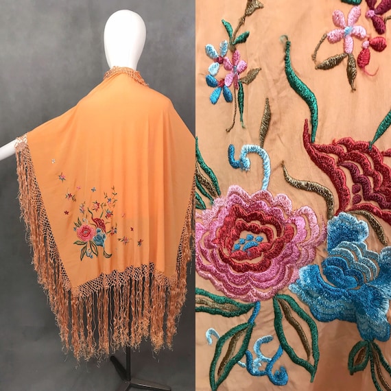 Antique Silk Shawl 1930's Vintage Embroidered Pian