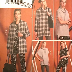 May include: A sewing pattern for four different clothing items. The pattern includes a plaid jacket, a cowl neck top, a cowl neck sweater, and a pair of trousers. The pattern is for sizes XS-Small-Medium. The pattern is from Vogue Wardrobe and is labeled "V9275".