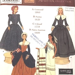 Patrón de costura Simplicity 5913/Colección Museo, muñeca Barbie de moda de 29 cm (11 1/2"), estilo colonial puritano nativo americano, sin cortes, FF
