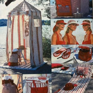 Peut inclure: Un patron de couture pour des accessoires de plage, comprenant une tente de change, un sac de plage, une serviette de plage et un chapeau de soleil. Le patron comprend des instructions pour coudre avec une marge de couture et d'ourlet. Le patron est imprimé sur un fond blanc avec des rayures rouges et blanches.