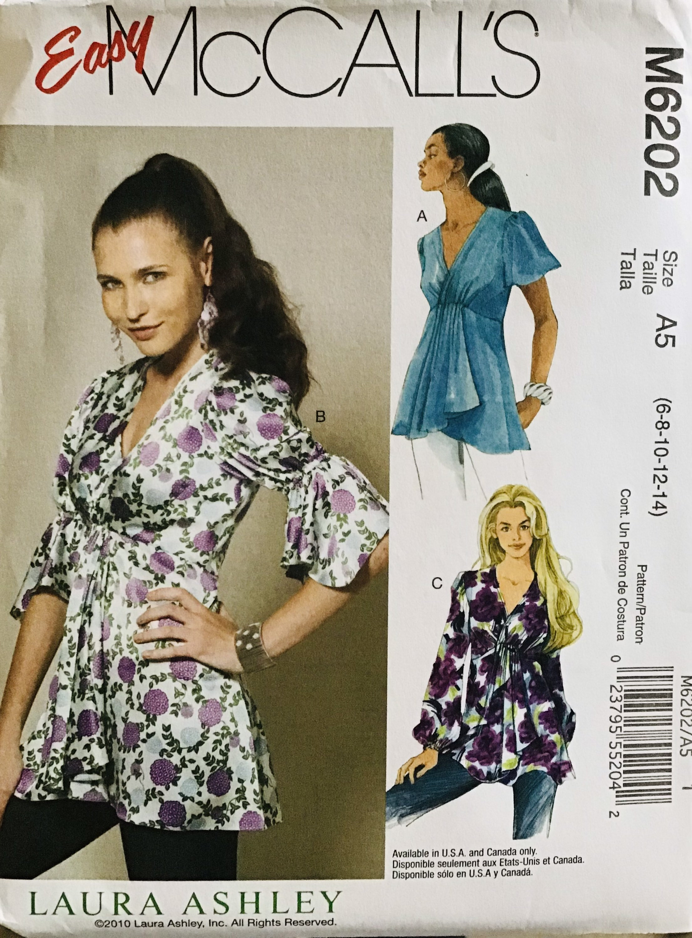 Sewing Pattern Mccall’s 6202 Laura Ashley Women’s Fitted Top - Size 6-8 ...