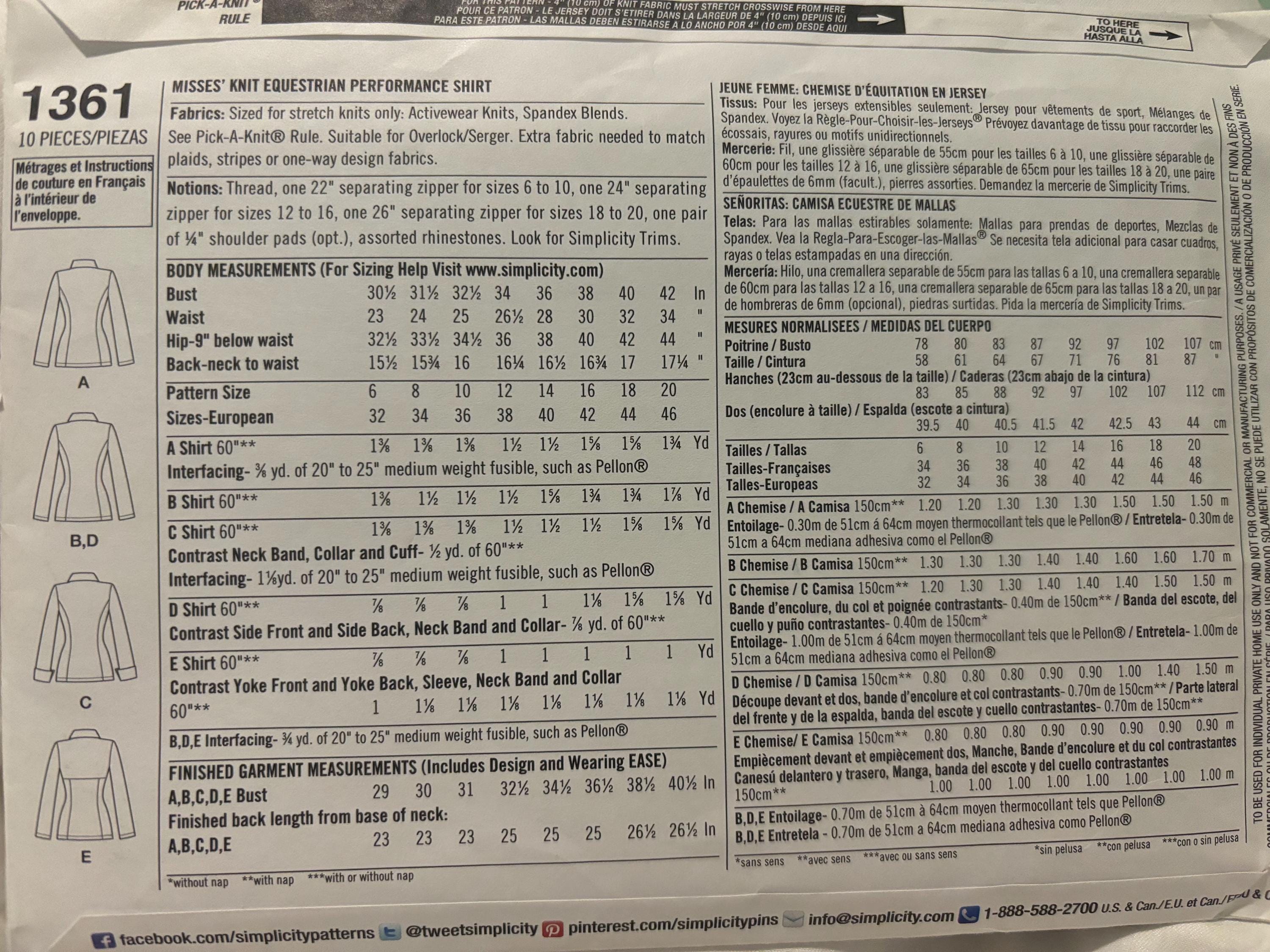 Sewing Pattern Simplicity 1361 Women’s Knit Equestrian Western ...