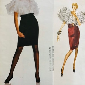 May include: Vogue Patterns American Designer sewing pattern featuring an Oscar de la Renta design. The pattern includes a pencil skirt and a top with ruffled sleeves. The pattern is rated as advanced and plus difficulty.