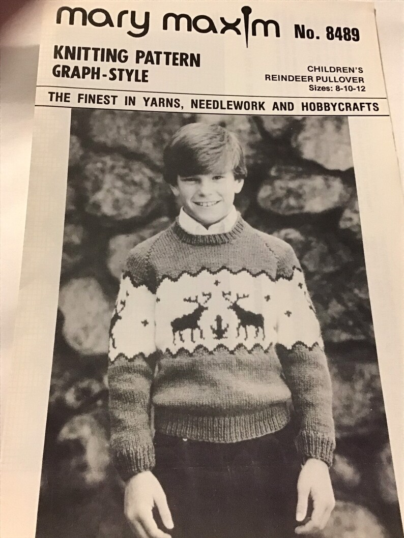 Vintage Knitting Patttern Graph Style Children\u2019s Girls\u2019 Boys\u2019 Reindeer Pullover Sweater Size 8-10-12 yr Original not PDF Leaflet 8489