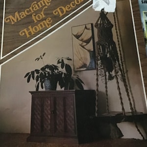 May include: A dark wood cabinet with two doors and a plant in a blue pot sitting on top. A macrame hanging plant is suspended from the ceiling and a painting hangs on the wall behind the cabinet.