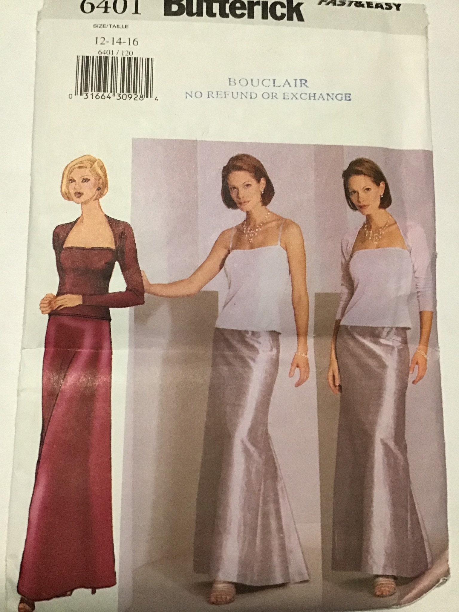 Sewing Pattern McCall’s 6401 Women’s Lined Long Sleeve Shrug, Spaghetti Strap Top and Lined Evening Length Skirt Size 12-14-16 - Uncut FF
